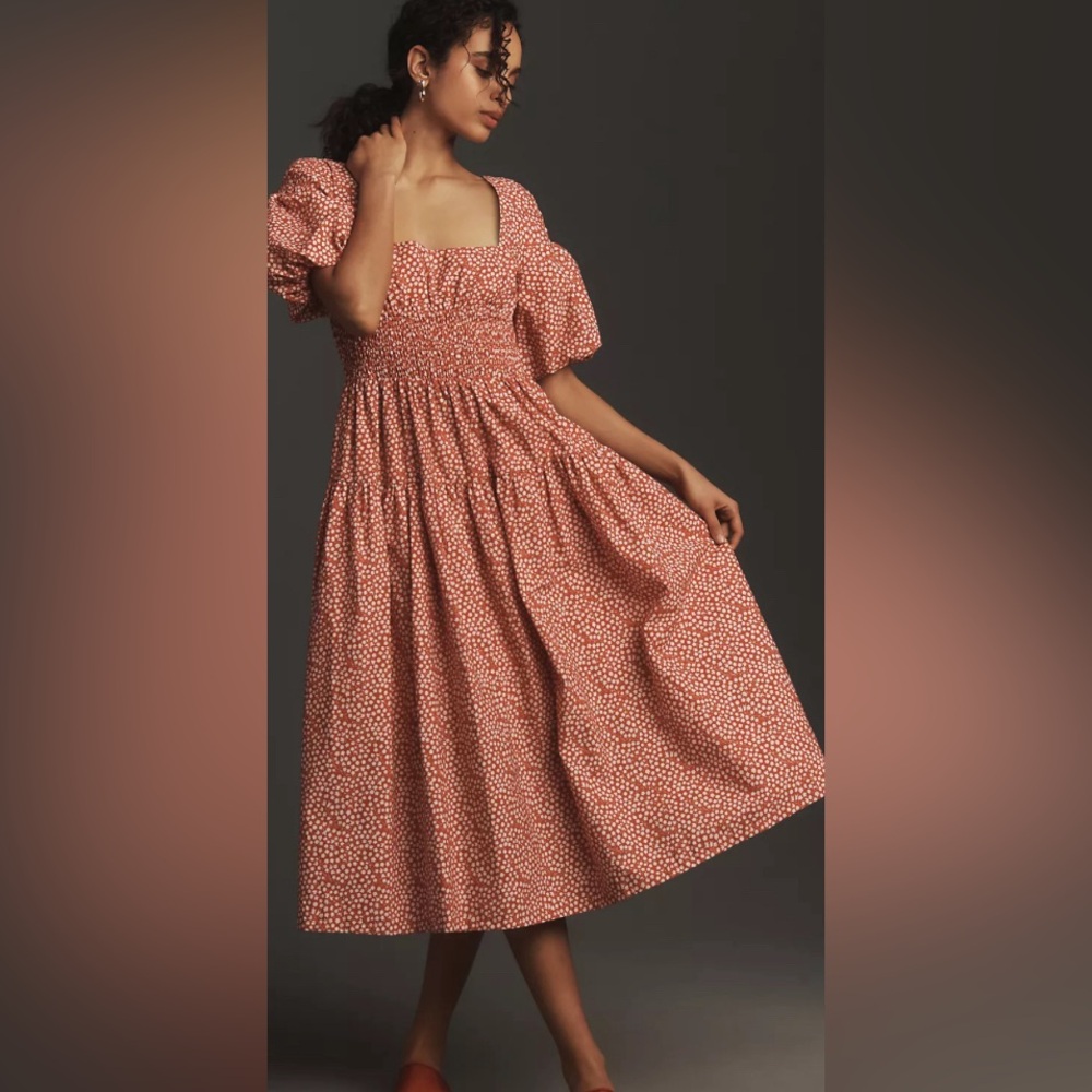 Anthropologie Puff Sleeve Smocked PoPlin Midi Dress